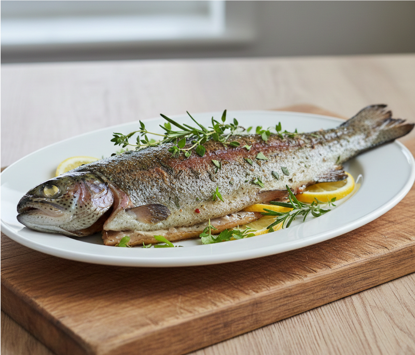 Whole grilled trout with fresh lemon slices and herbs on a grill - easy trout recipe