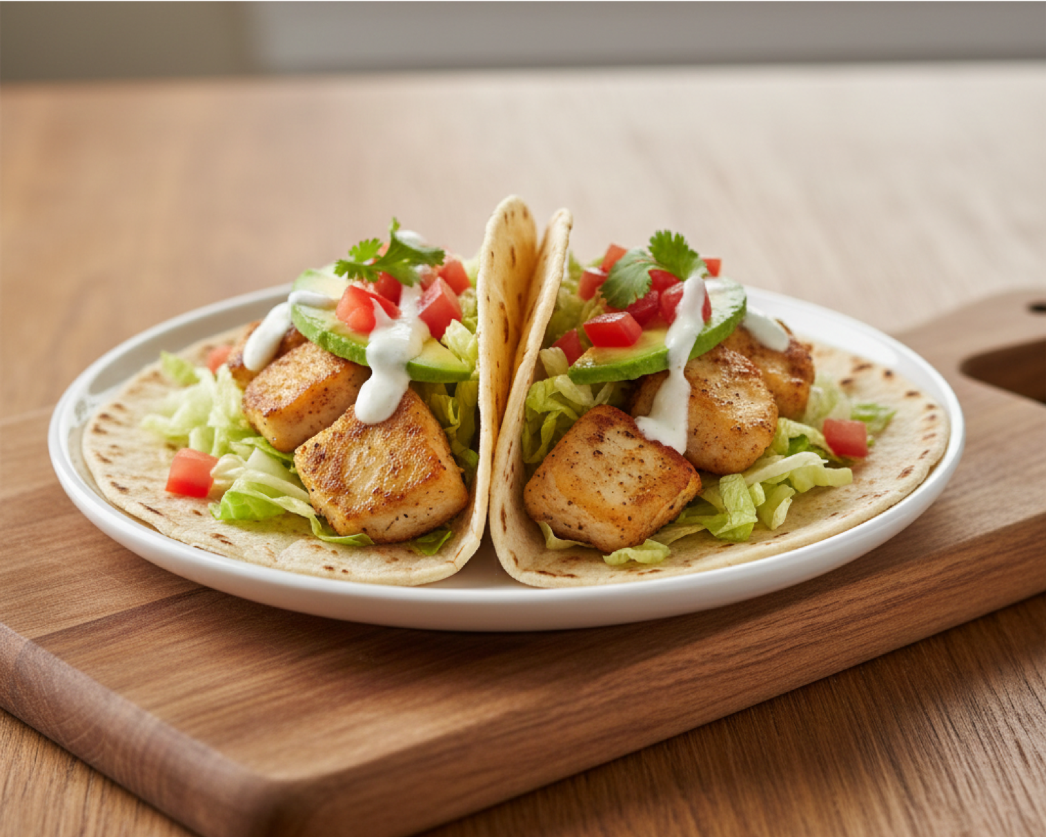 Perch tacos with shredded lettuce, diced tomatoes, avocado, and lime crema - perch recipe