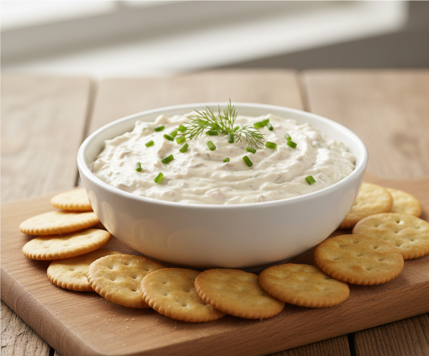 Smoked pike dip with cream cheese, fresh dill, and chives served with crackers - pike recipe