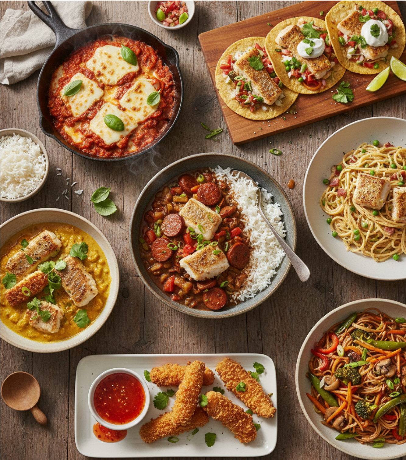 A spread of finished walleye dishes including walleye tacos, walleye chowder, crispy walleye fingers, and walleye pasta from the Complete Walleye Recipe Cookbook