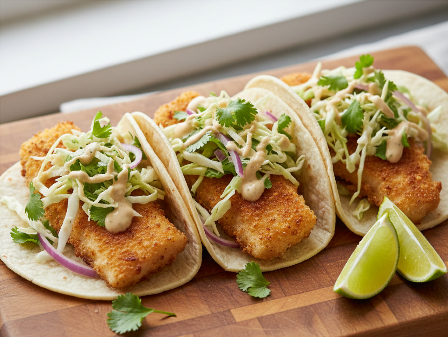 Walleye tacos with cilantro lime slaw on corn tortillas - easy walleye taco recipe